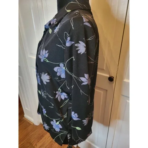 Studio Works Petite Vintage 90's Black Stretchy Floral Button Up PM Whimsygoth - Picture 3 of 9
